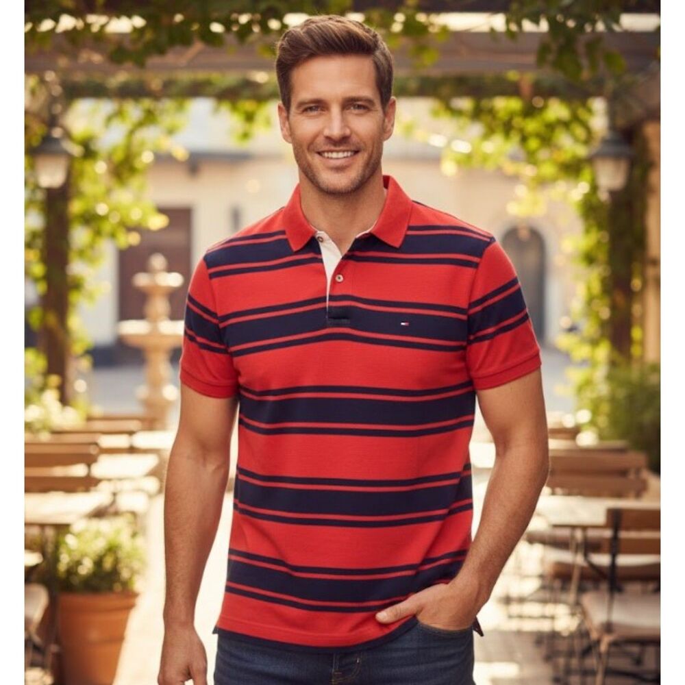 Tommy Hilfiger Polo Shirt Red Stripe Classic Fit Short Sleeve Mens Size M